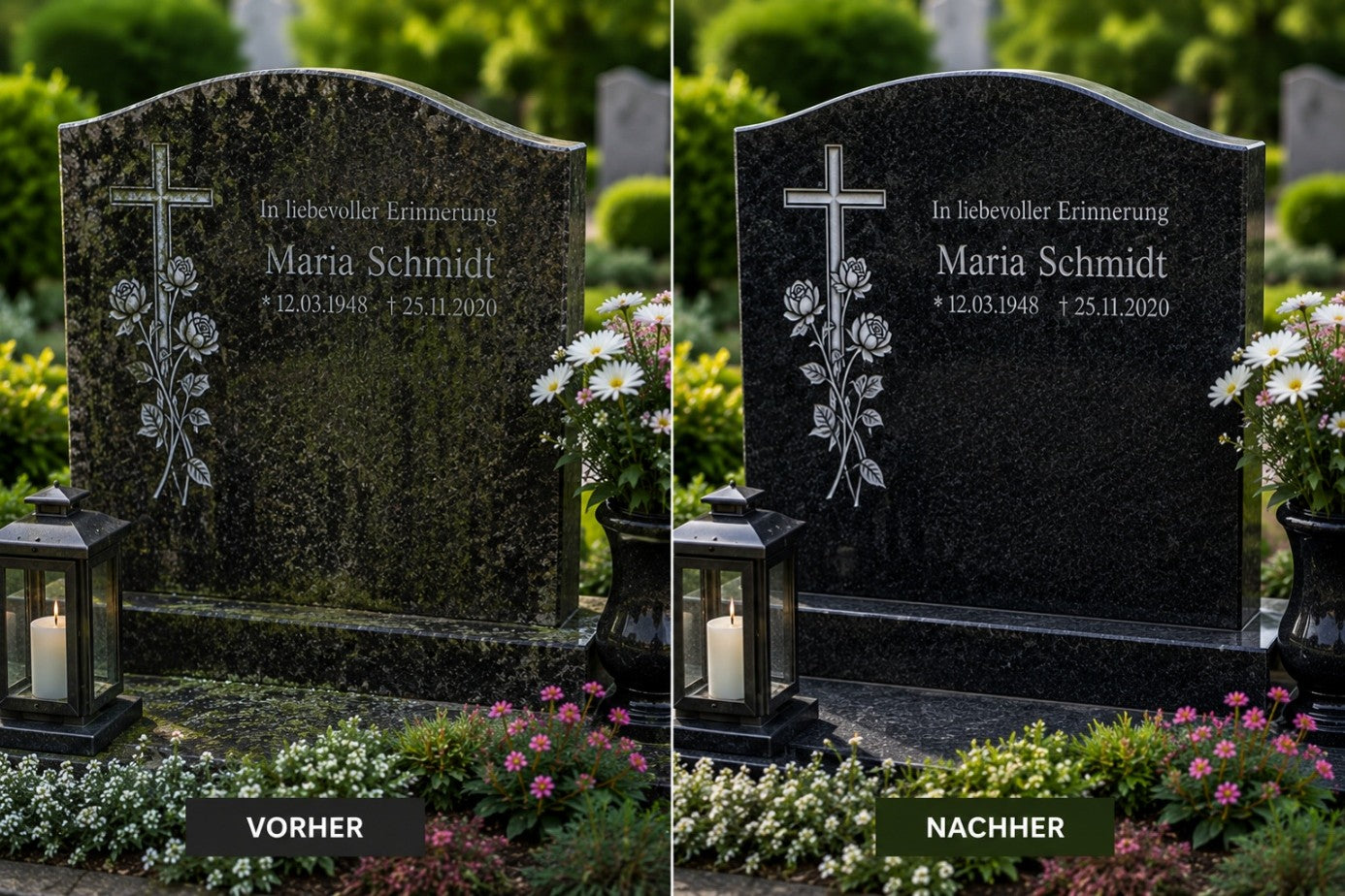 Grabstein vor und nach der Reinigung