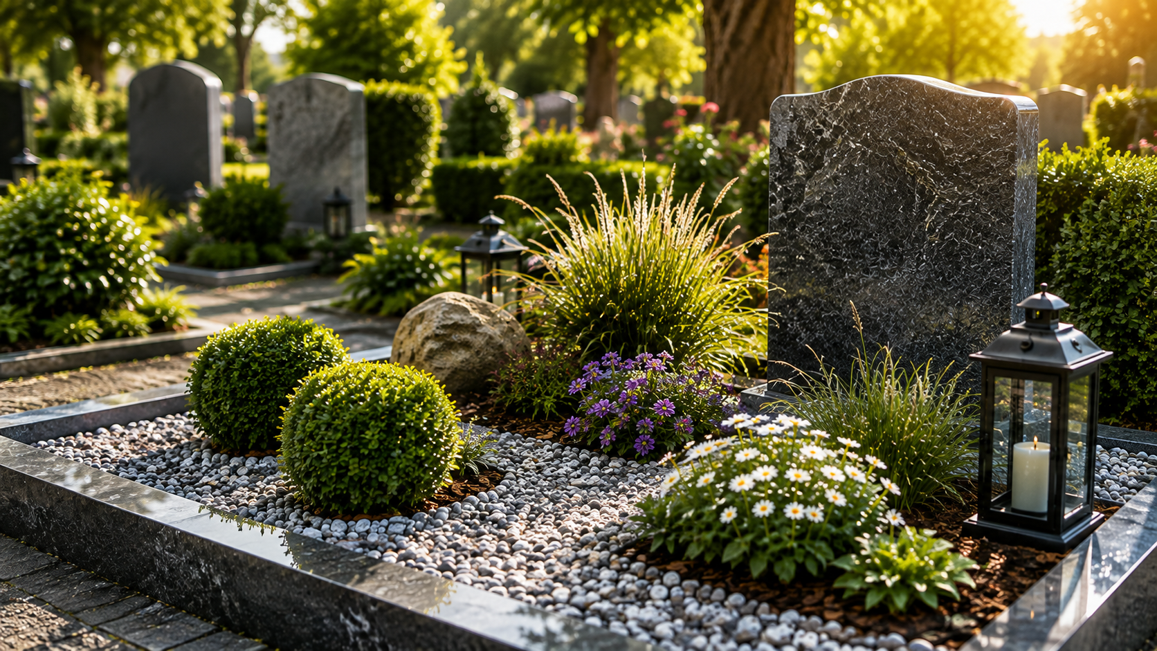 Grabstätte mit Granit-Grabstein, Kies, Ziergräsern, Blumen und Laternen im Sonnenlicht